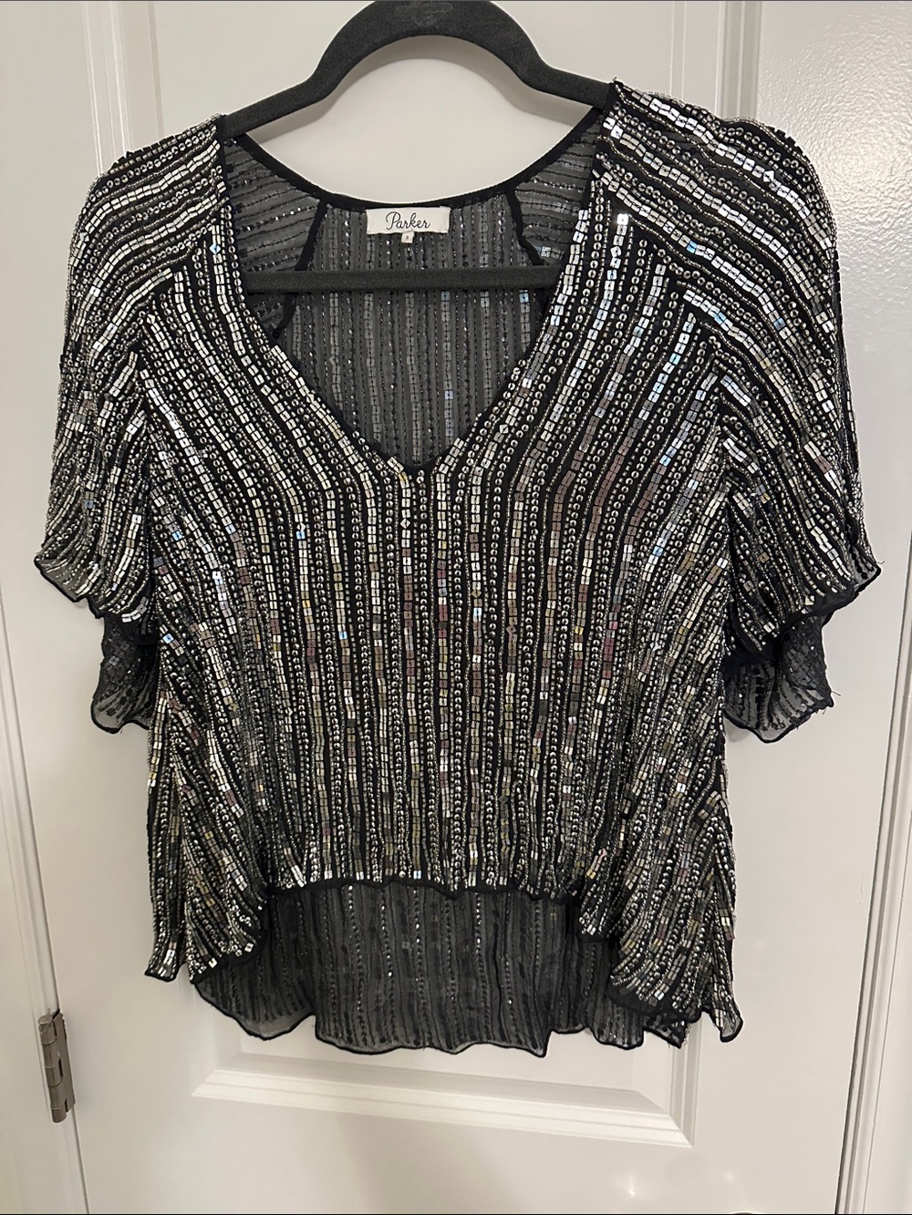 Parker Black Silver Beaded Sequin Flutter Sleeve Top Size Small